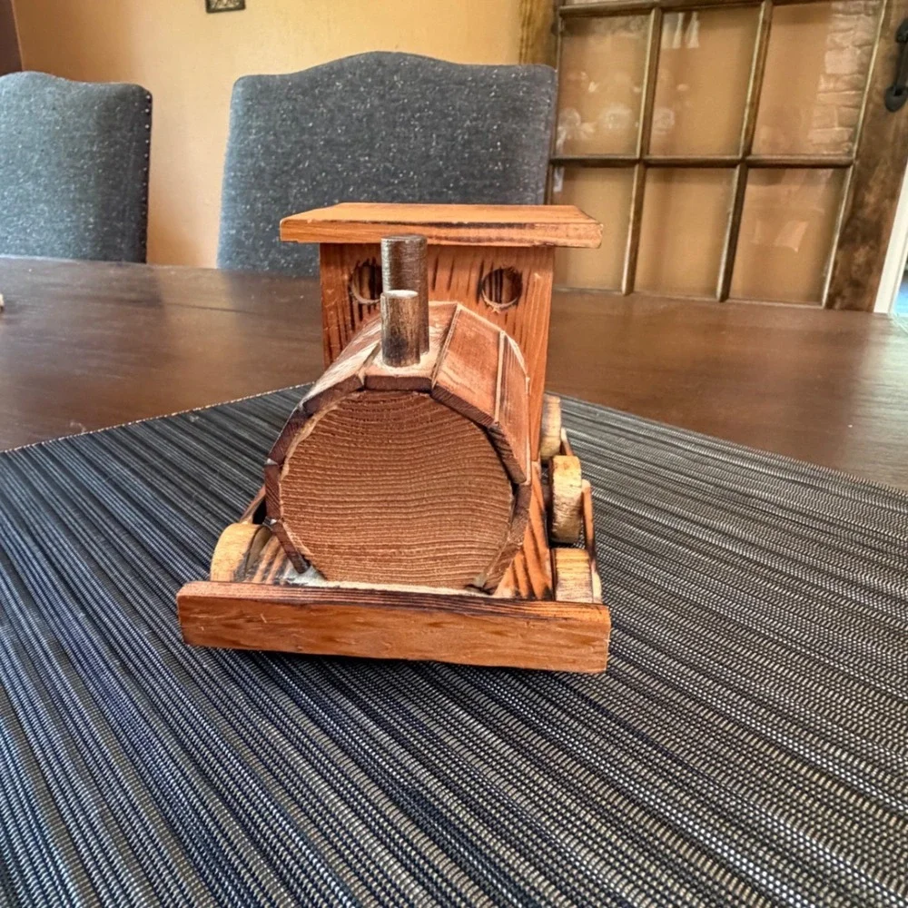 Vintage Wooden Train Locomotive Coaster Set Rustic Caddy 7 Piece